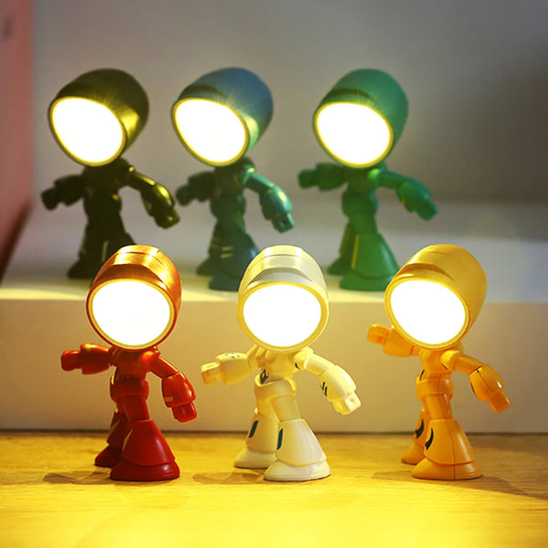 Un conjunto de luces nocturnas robóticas flexibles en varios colores, incluyendo negro, azul, verde, rojo, blanco y amarillo,