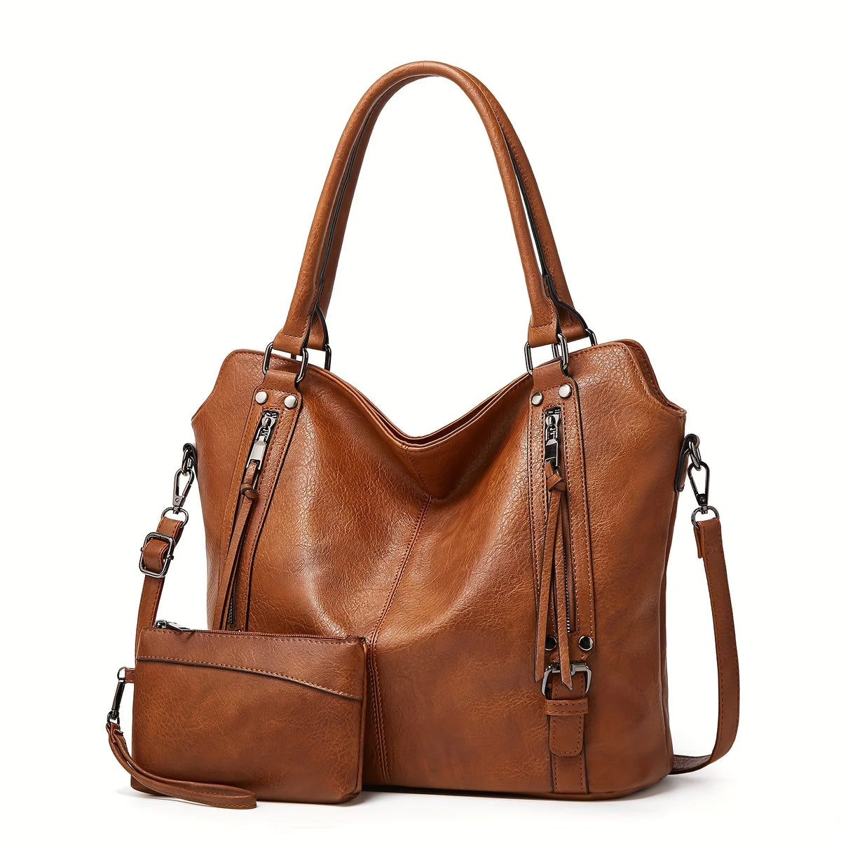 A brown PU leather tote bag with a detachable crossbody strap shown from the front.