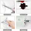 Various views of a peel-and-stick marble wall panel demonstrating ease of cutting, impermeability, self-adhesive properties, 