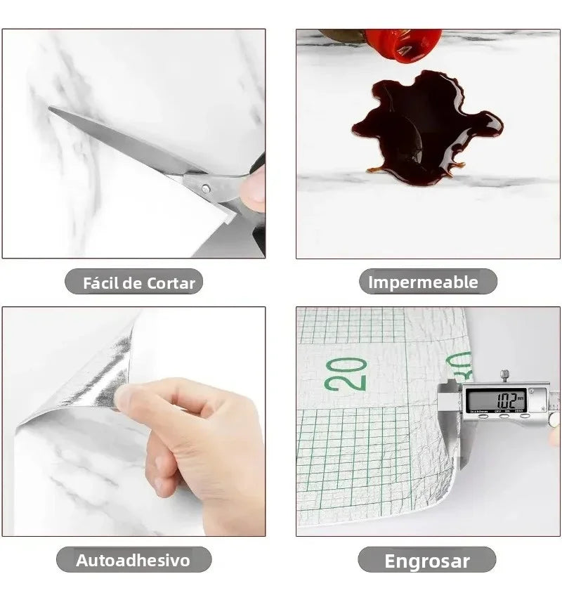 Various views of a peel-and-stick marble wall panel demonstrating ease of cutting, impermeability, self-adhesive properties, 