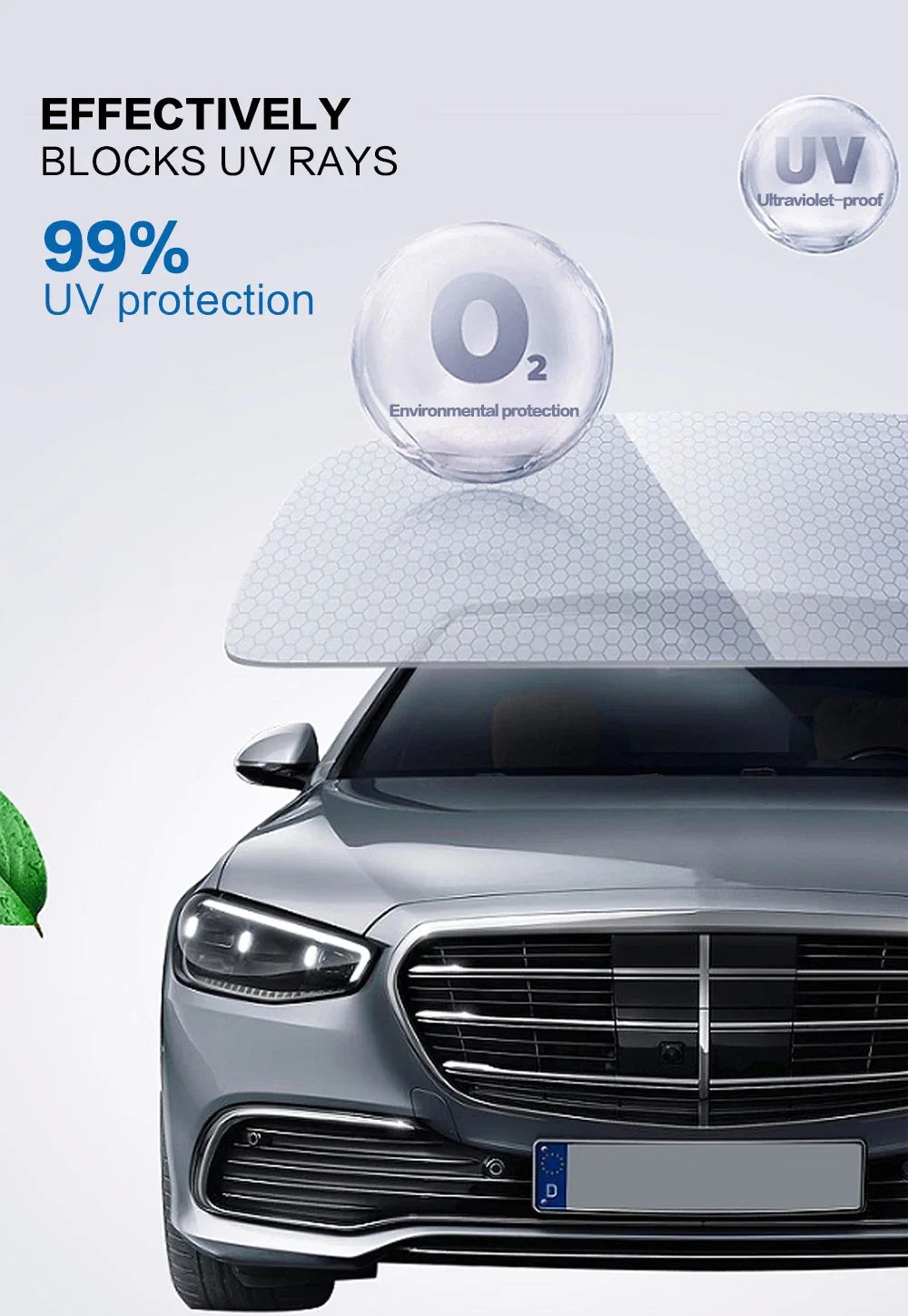 Nahaufnahme der Frontgrille und des Scheinwerfers eines silbernen Autos mit aufgetragenem Fenstertint für UV-Schutz.