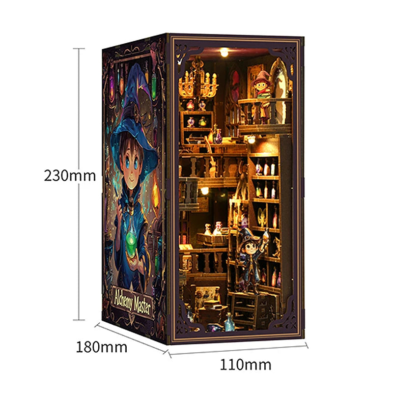 A decorative wooden book nook kit featuring a detailed miniature house scene with shelves and figures.