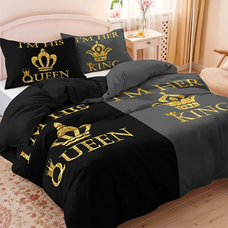 Dark Red Three-Piece Duvet Cover Set with Letter Print