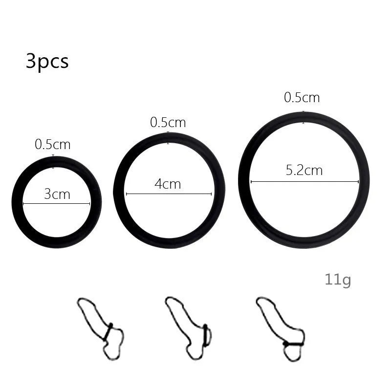 Three silicone cock rings of varying sizes and a diagram showing the shape.