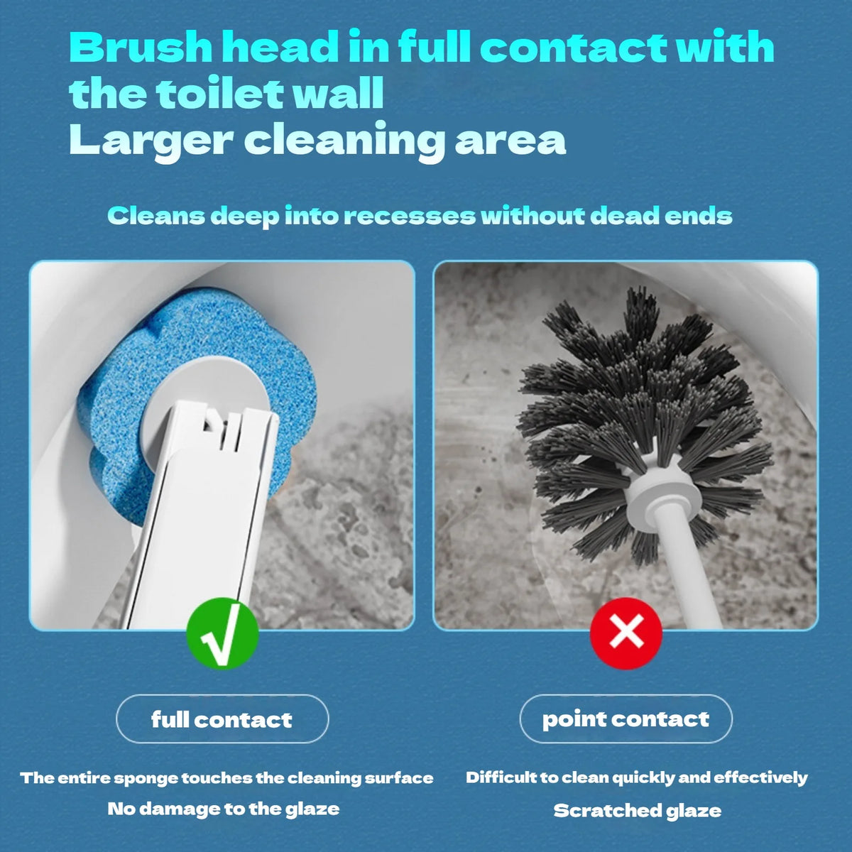 A wall-mounted disposable toilet brush set showing a blue brush head in full contact with a toilet wall and a black bristled 