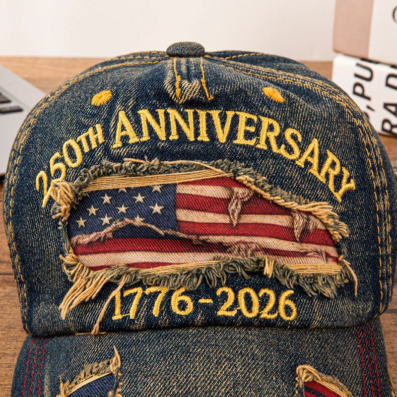 Vintage USA Flag 250th Anniversary Distressed Denim Baseball Cap