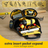 A yellow heavy-duty tool pouch with an expanded insert pocket showing various tools and a hammer holder.