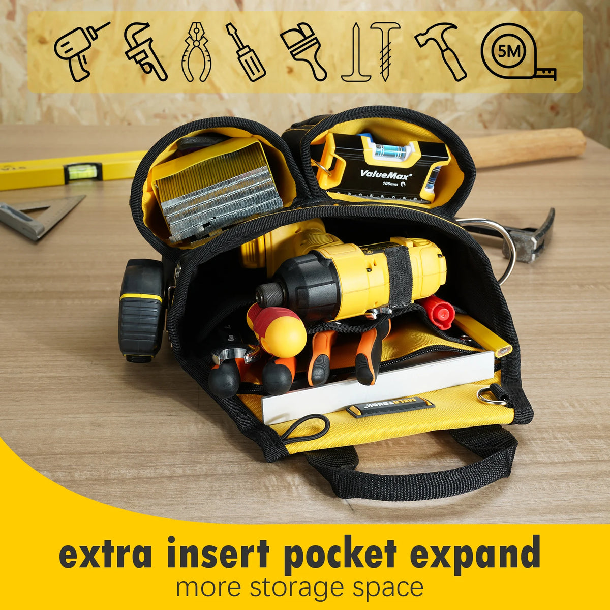 A yellow heavy-duty tool pouch with an expanded insert pocket showing various tools and a hammer holder.