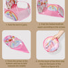 Instructions showing four steps to fold and store a pink kids ball pit with a basketball hoop playpen