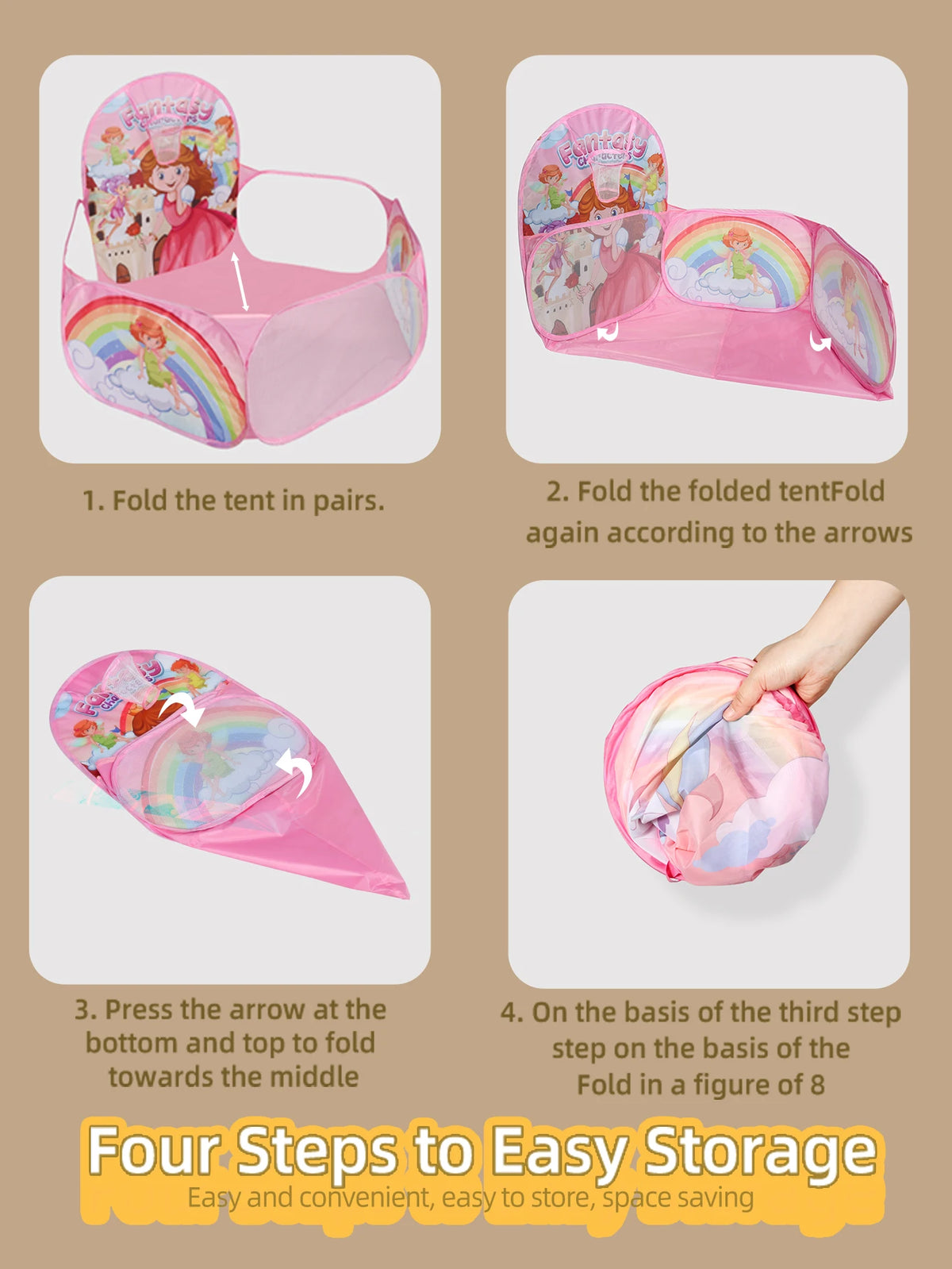 Instructions showing four steps to fold and store a pink kids ball pit with a basketball hoop playpen