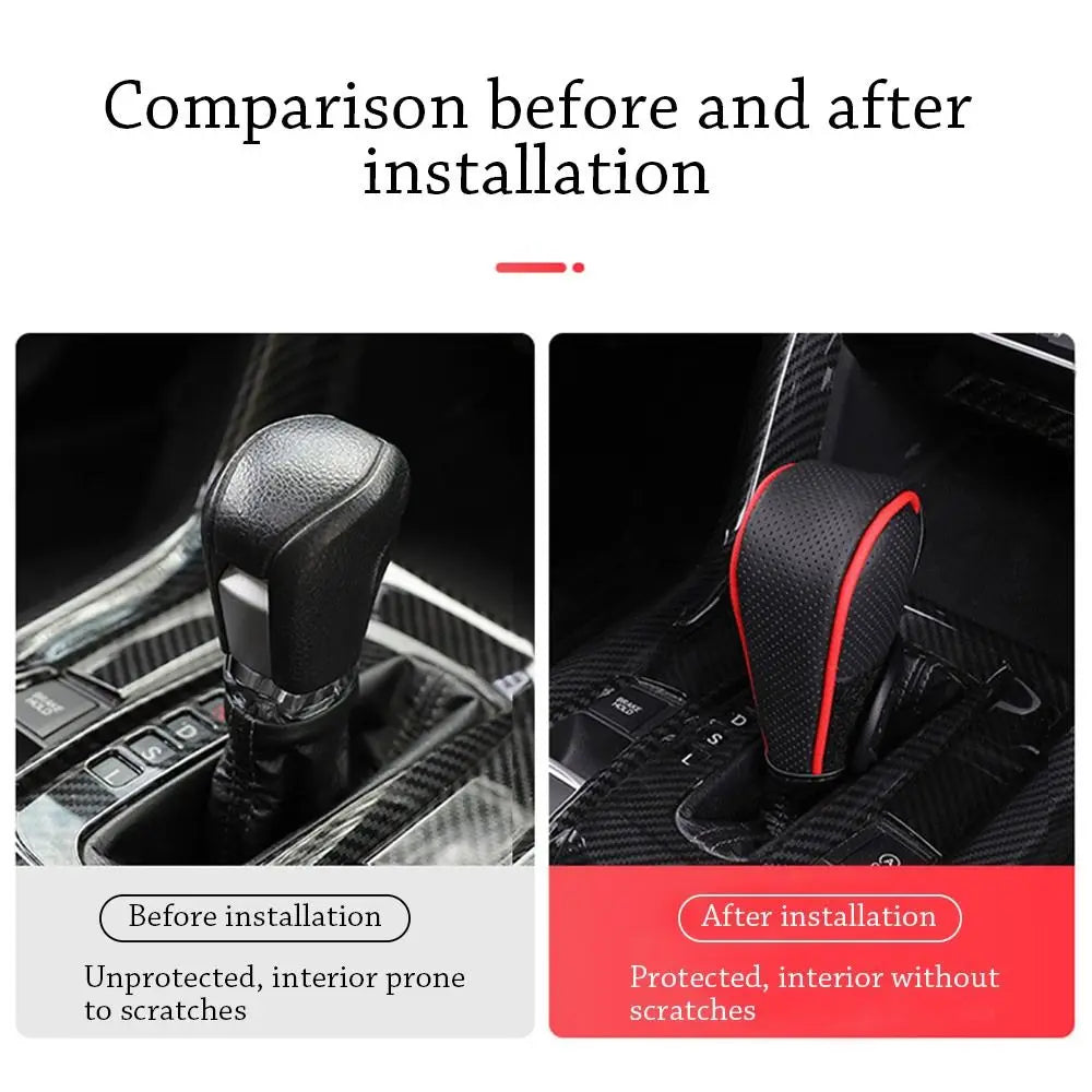 Comparison showing a gear shift knob before and after installation, highlighting protection against scratches.