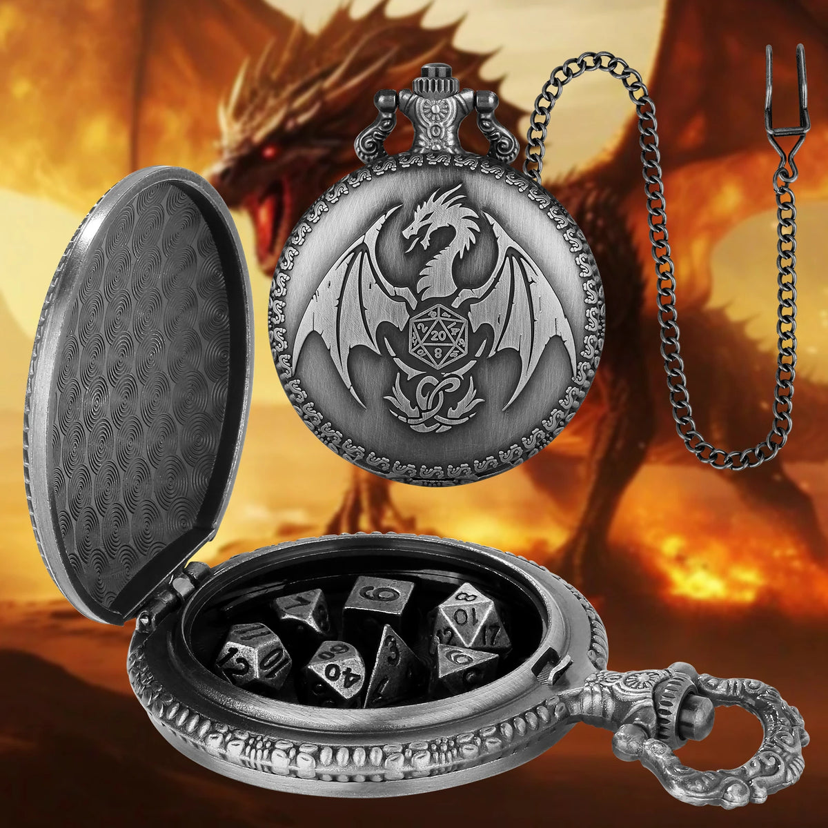 A silver dragon-themed pocket watch dice case with a chain and an open lid displaying polyhedral dice.