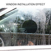 A car window covered in water droplets showing a circular mirror film installation effect.