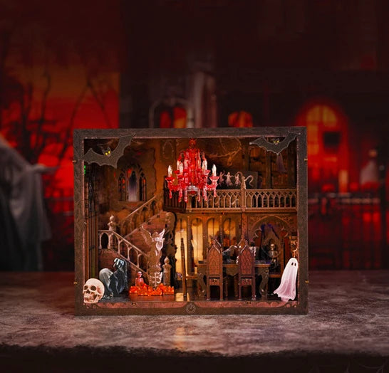 A wooden book nook kit featuring a spooky Halloween miniature shelf insert with detailed figures and LED lights.