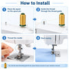 Four steps showing how to install a heavy-duty nylon sewing thread for upholstery and denim into a sewing machine.