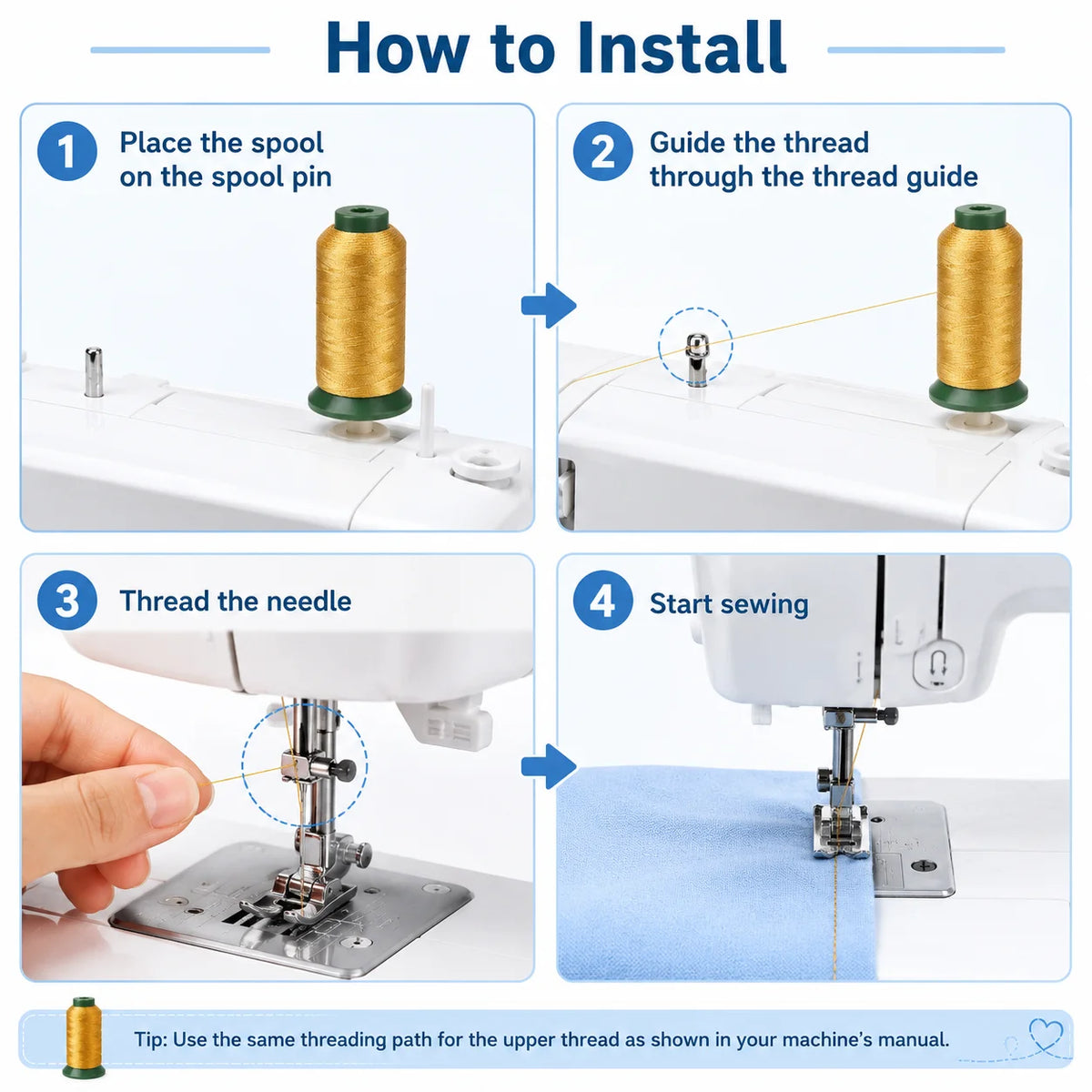 Four steps showing how to install a heavy-duty nylon sewing thread for upholstery and denim into a sewing machine.