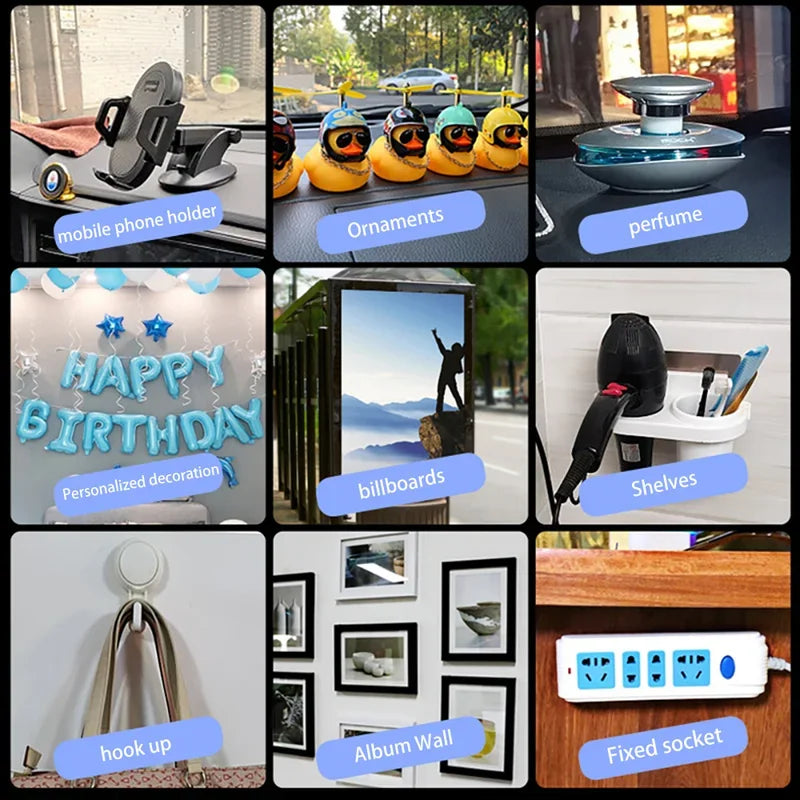 A collection of various mounting and decorative items including phone holders, ornaments, perfume bottles, birthday decoratio