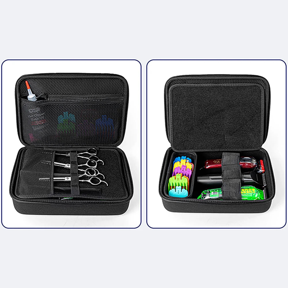 Black hard-shell travel case containing hair clippers and various grooming accessories.