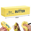 A yellow butter squishy fidget toy is shown in various angles and being held by a hand.