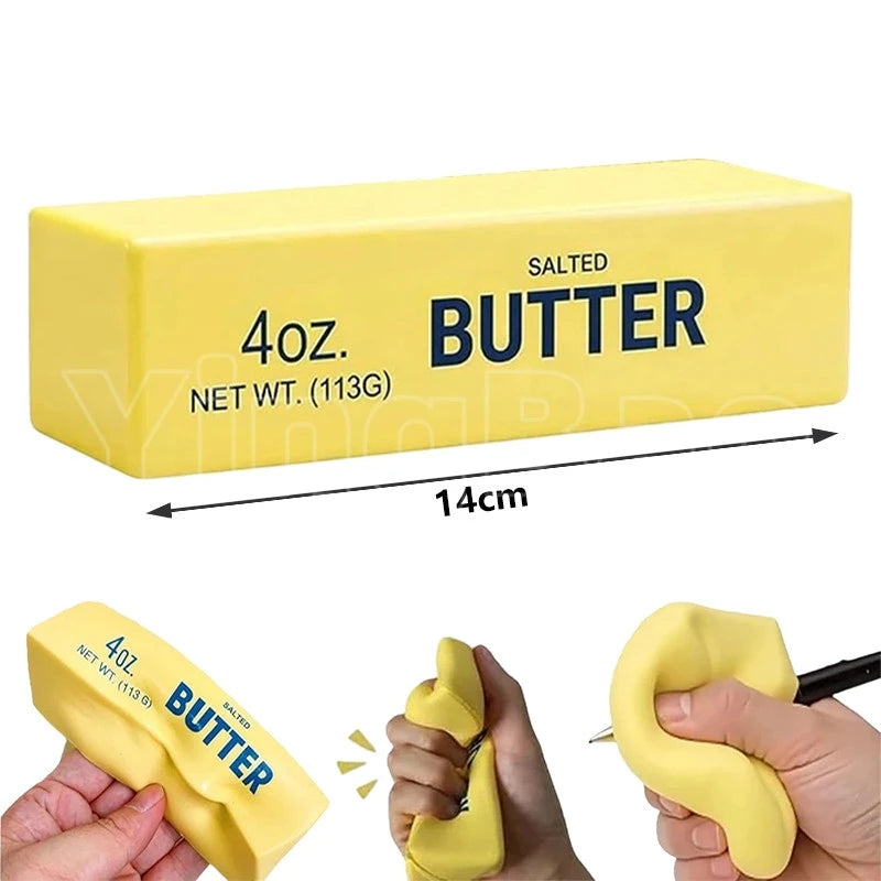 A yellow butter squishy fidget toy is shown in various angles and being held by a hand.