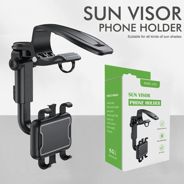 Support de téléphone avec visière noire, bras réglable et support de montage sur fond blanc.