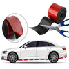 Self-adhesive car door edge protector strip with a roll and scissors shown next to a white sedan.