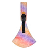 Ergonomic baby sling carrier with a purple and orange gradient fabric and black strap.