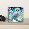 A diamond painting kit featuring a detailed owl with blue and white crystals against a starry sky background.