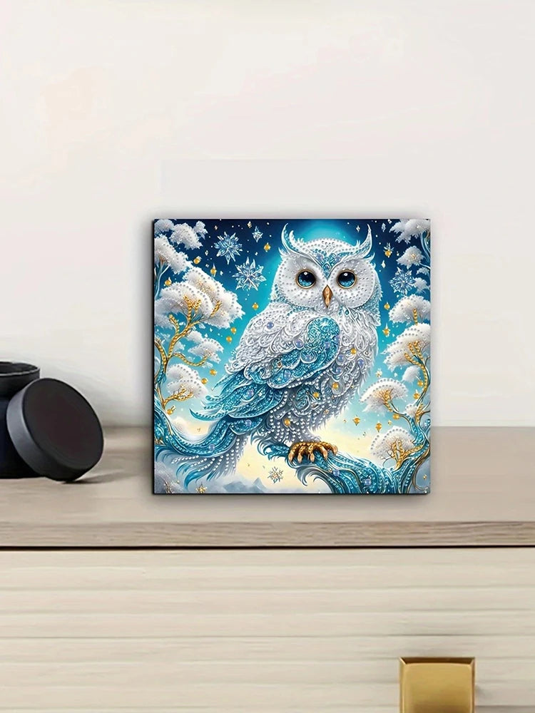 A diamond painting kit featuring a detailed owl with blue and white crystals against a starry sky background.