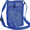 A blue breathable mesh crossbody water bottle carrier with adjustable straps.