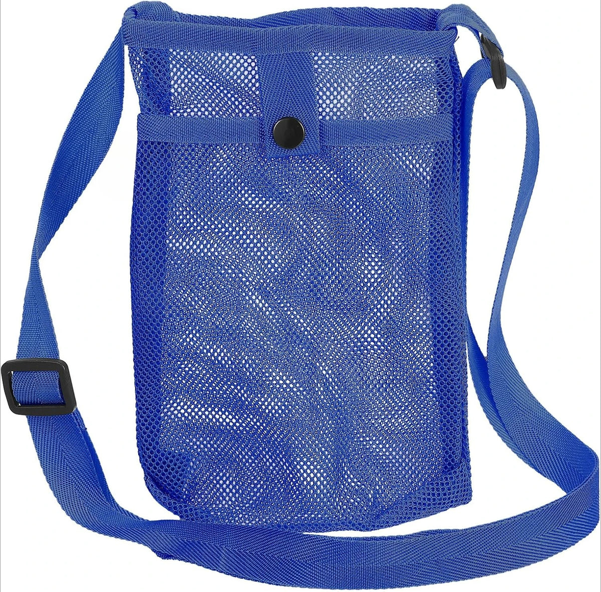 A blue breathable mesh crossbody water bottle carrier with adjustable straps.