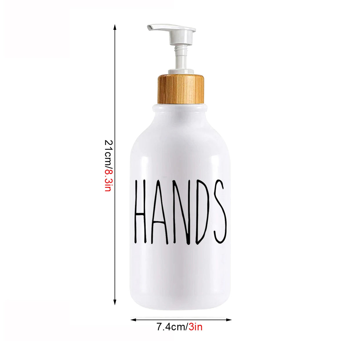 White bottle with a wooden pump dispenser for hand soap and dish soap.