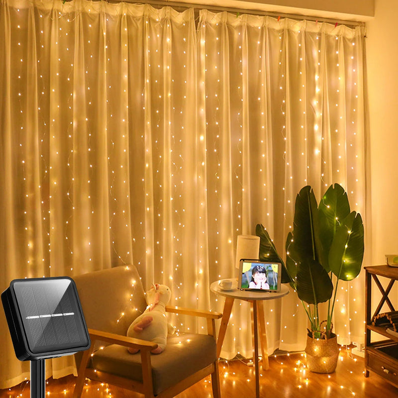 Solar-Powered LED Curtain String Lights