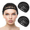 Black mesh crochet hair net shown on a mannequin head with separate views of the product.
