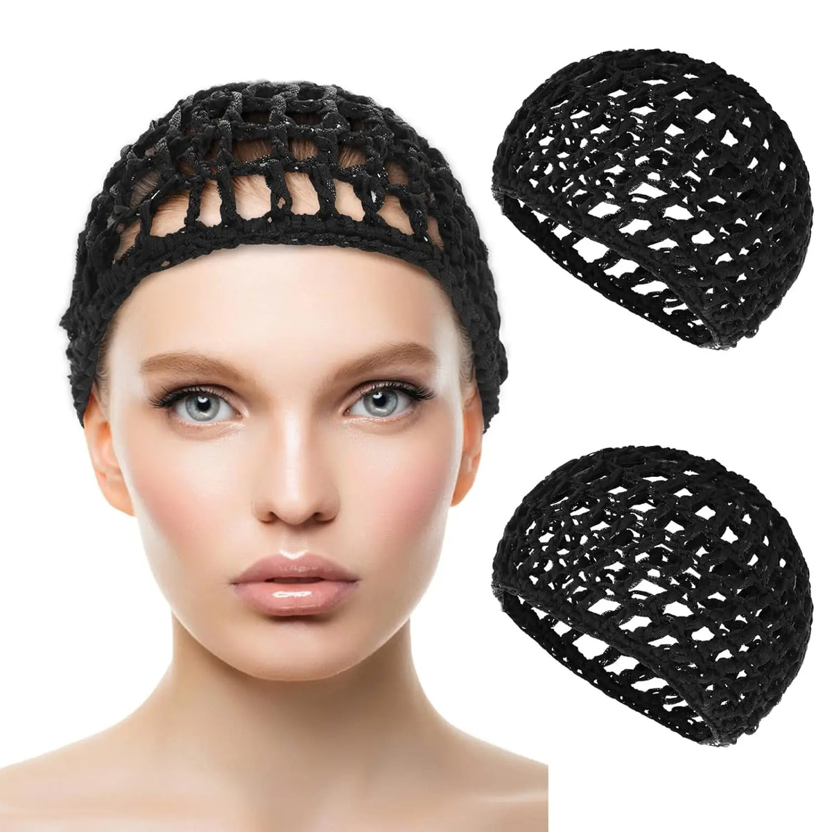 Black mesh crochet hair net shown on a mannequin head with separate views of the product.