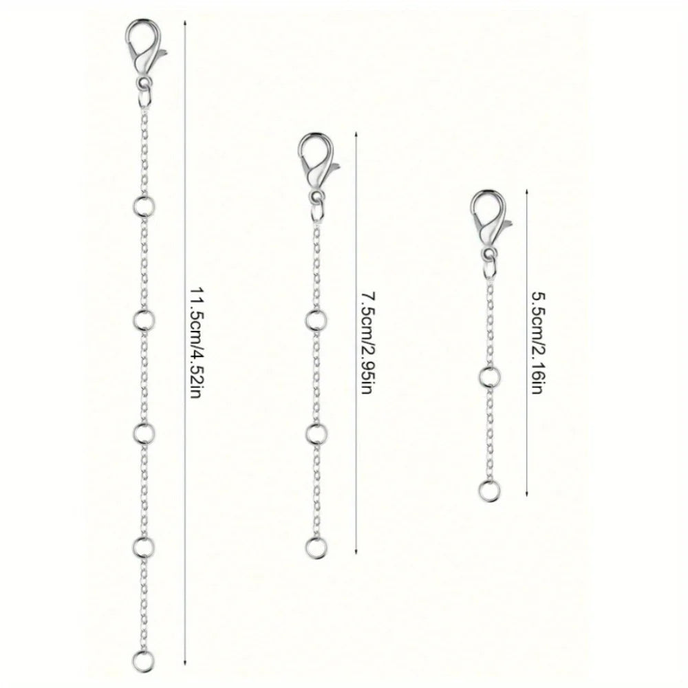 A gold-plated necklace extender chain with a lobster clasp shown with various length options.