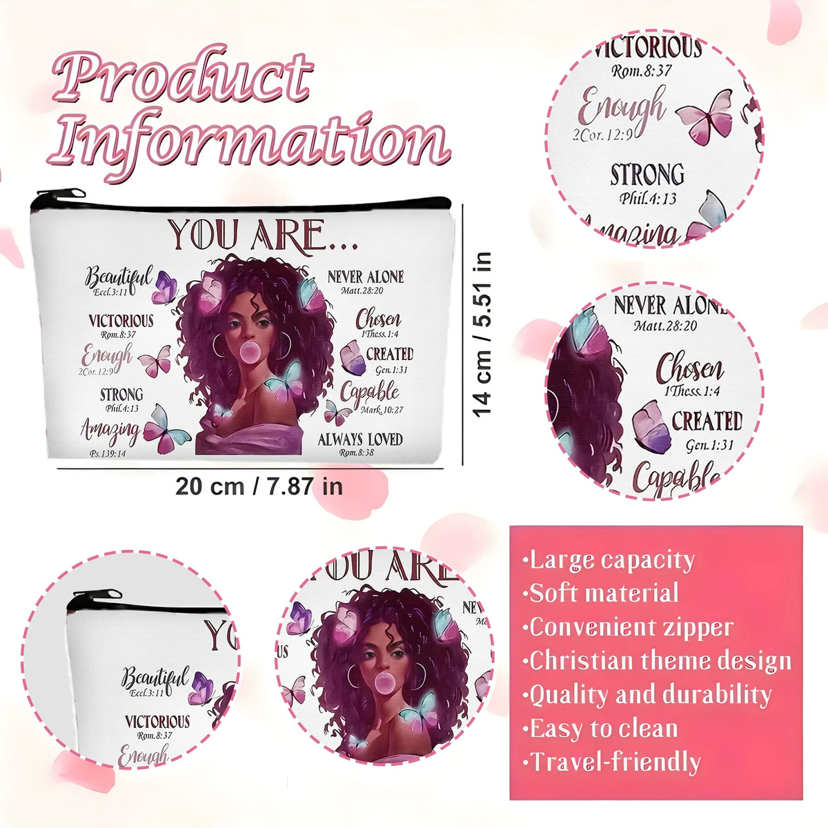 A white cosmetic bag featuring various inspirational quotes and floral designs, shown from the front and side.
