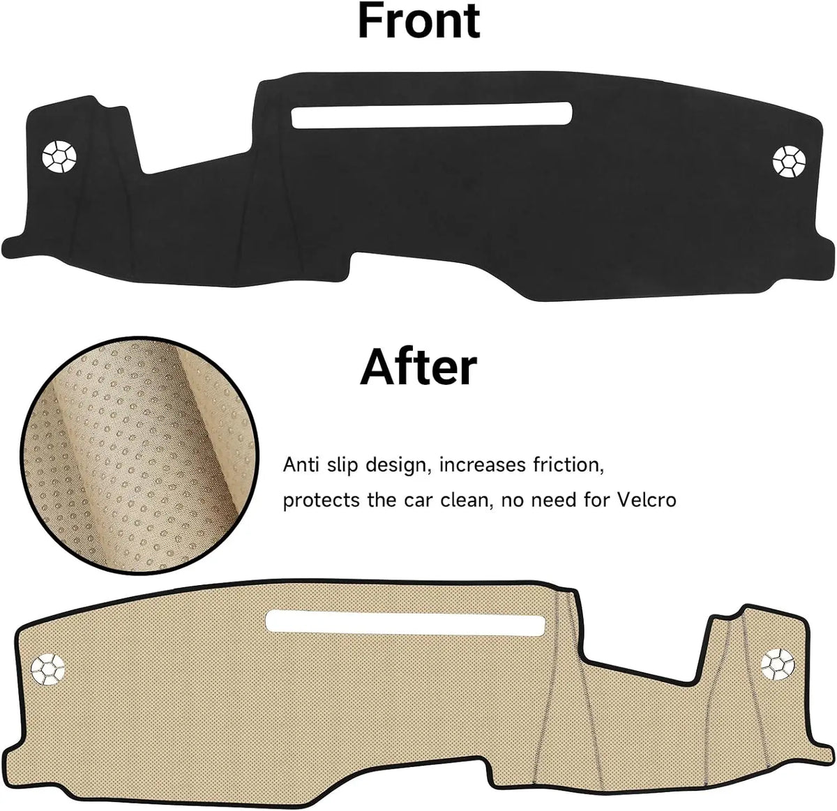 Comparison of a front and after custom fit dash cover mats, showing the anti-slip design features.
