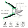Stainless steel bypass pruning shears with a green grip showing various features like the safety lock and spring.