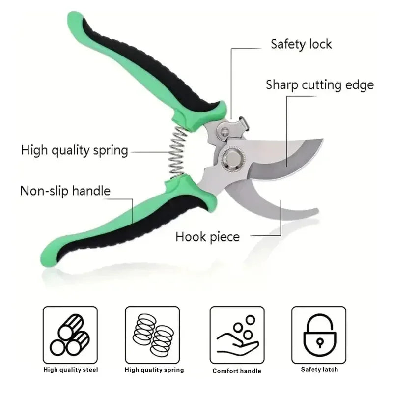 Stainless steel bypass pruning shears with a green grip showing various features like the safety lock and spring.