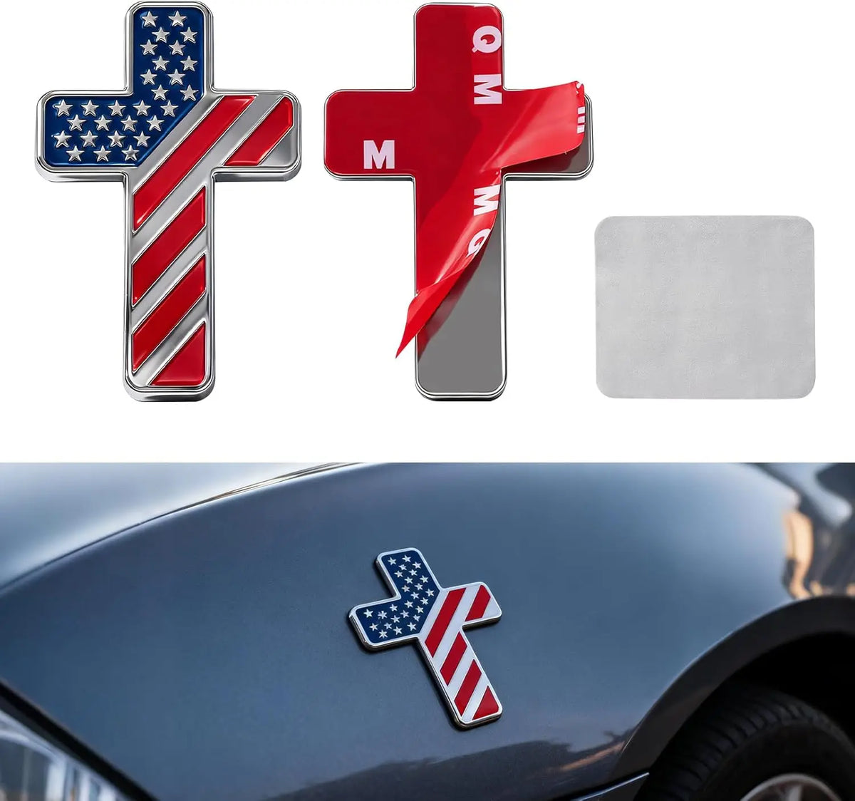 A silver and red 3D USA flag cross emblem for a car, alongside a red and silver emblem and a blank metal plate.