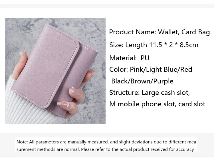 A pink and light blue wallet is shown being held, displaying various slots for cash, cards, and a mobile phone.