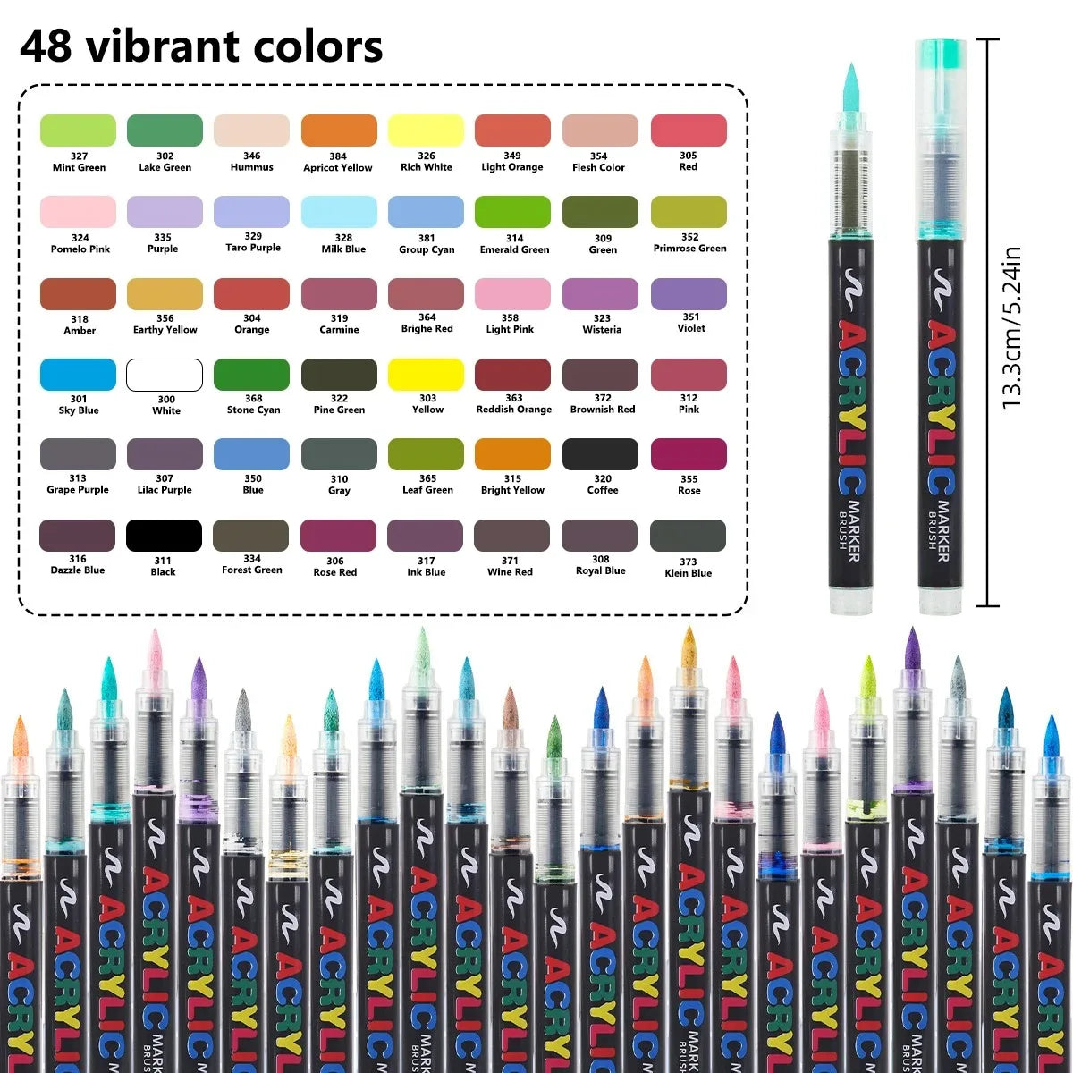 A set of professional acrylic markers featuring 48 vibrant colors arranged in a grid.