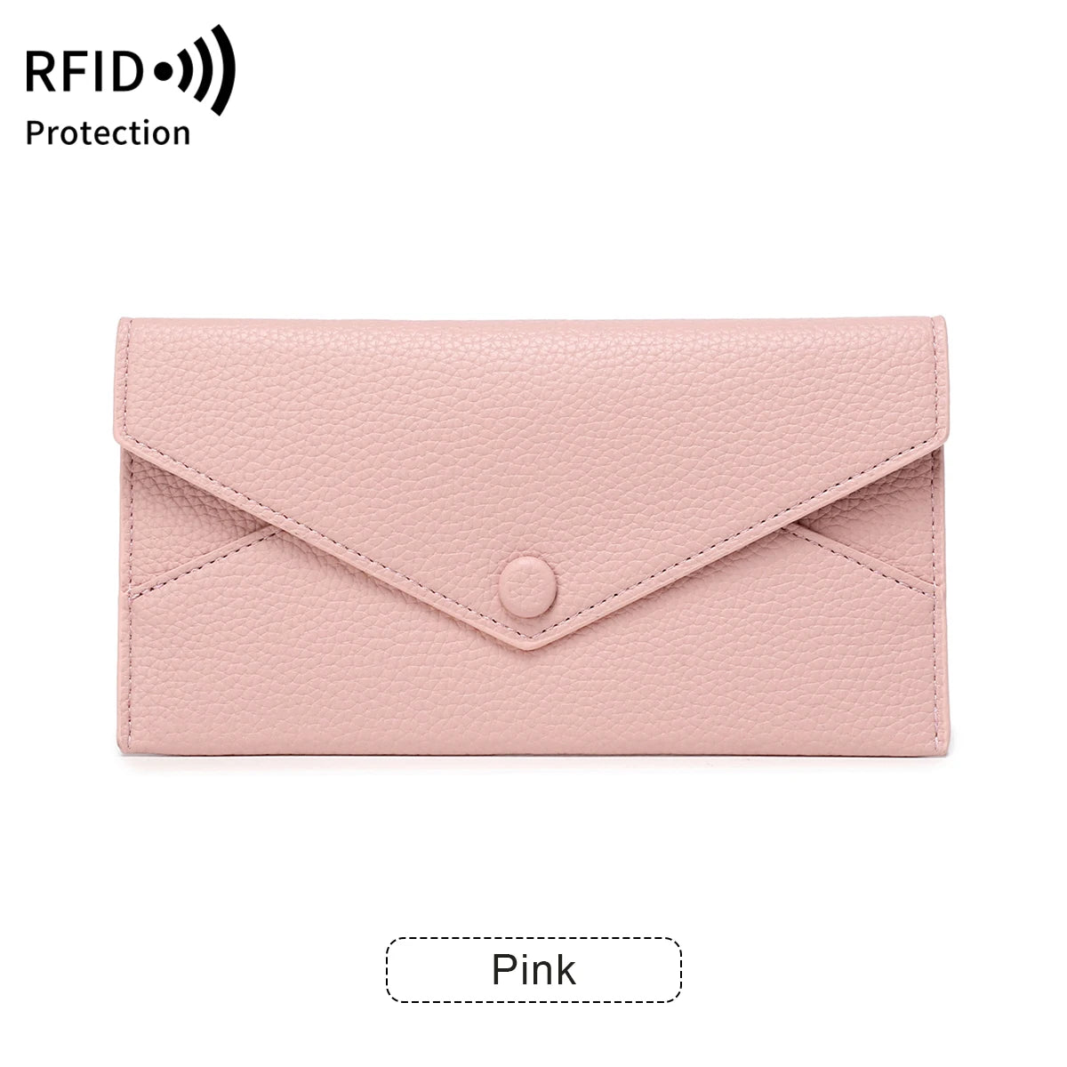 A pink slim RFID-blocking PU leather wallet with card slots shown flat.