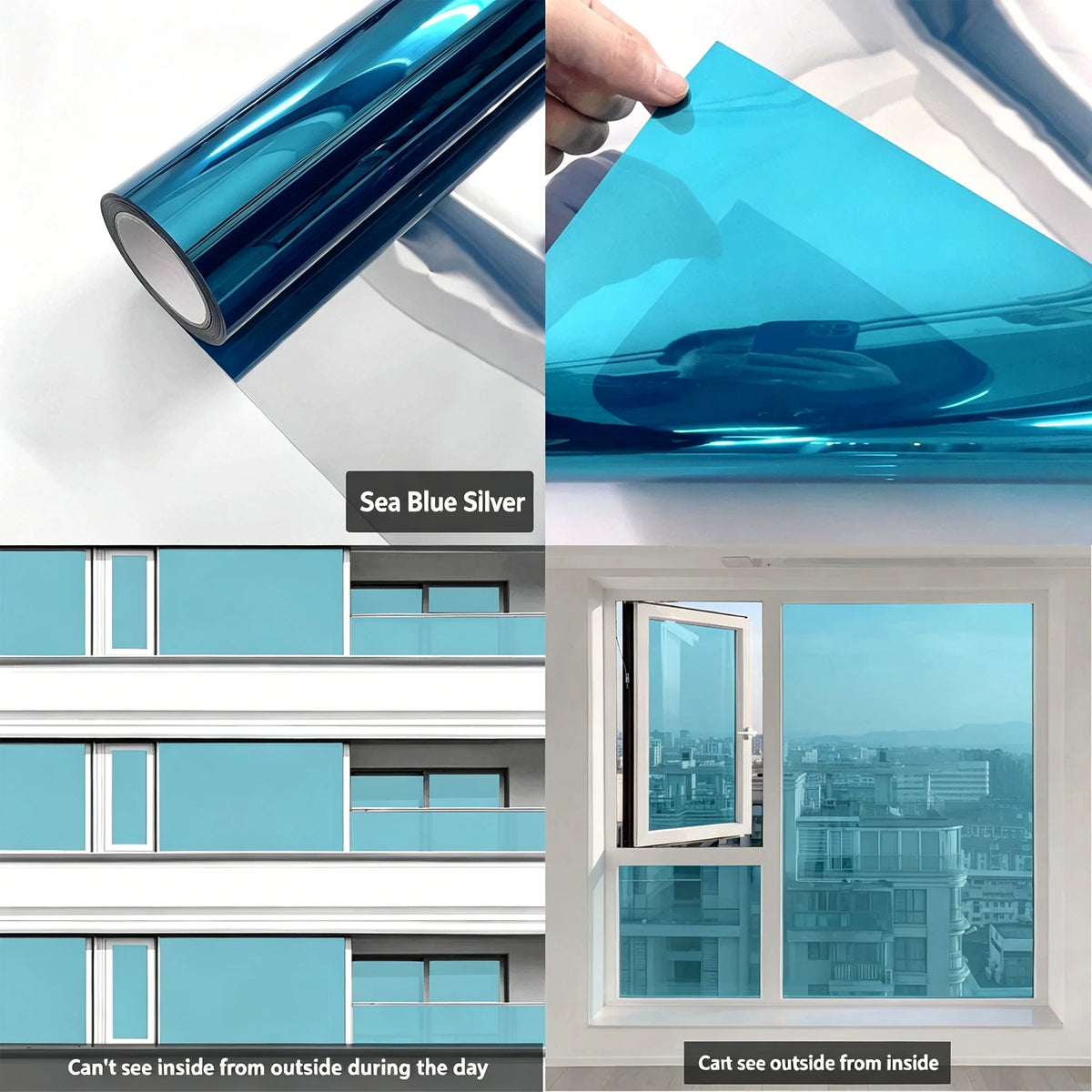 Sea Blue Silver frosted privacy window film applied to glass, showing interior and exterior views.