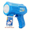 A blue bubble gun toy designed to shoot bubbles, shown against a white background.
