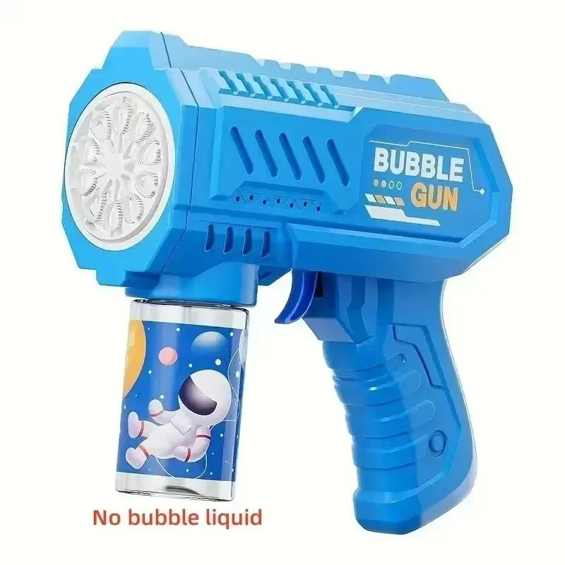A blue bubble gun toy designed to shoot bubbles, shown against a white background.