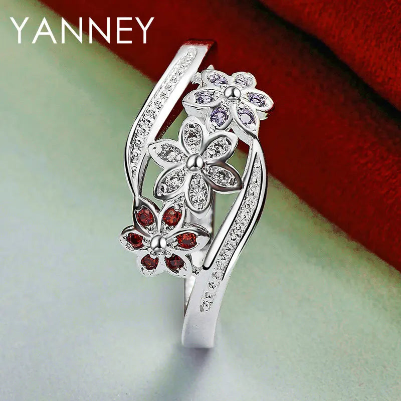 925 Sterling Silver Flower Ring with Zircon Stone