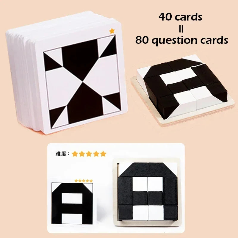 Wooden Geometric Shape Puzzle Blocks with Pattern Cards - Educational Logic Game for Kids