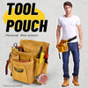 A tan tool pouch with multiple pockets is shown next to a man wearing jeans and a white shirt.